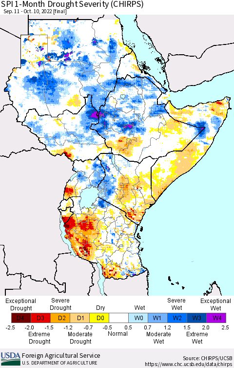 Eastern Africa SPI 1-Month Drought Severity (CHIRPS) Thematic Map For 9/11/2022 - 10/10/2022