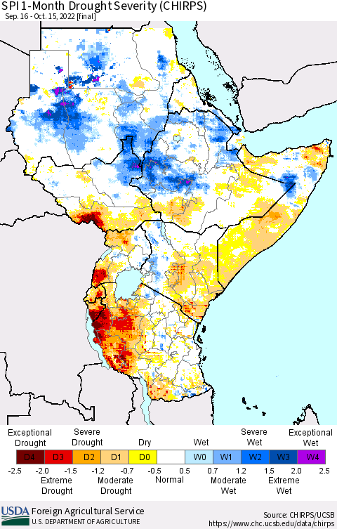 Eastern Africa SPI 1-Month Drought Severity (CHIRPS) Thematic Map For 9/16/2022 - 10/15/2022