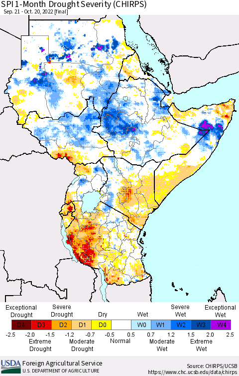 Eastern Africa SPI 1-Month Drought Severity (CHIRPS) Thematic Map For 9/21/2022 - 10/20/2022