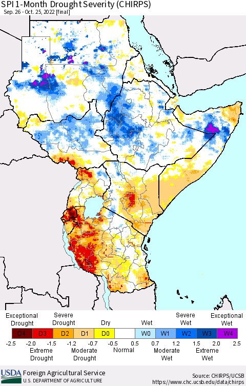 Eastern Africa SPI 1-Month Drought Severity (CHIRPS) Thematic Map For 9/26/2022 - 10/25/2022