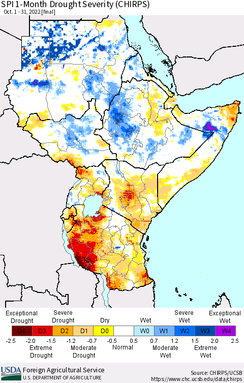 Eastern Africa SPI 1-Month Drought Severity (CHIRPS) Thematic Map For 10/1/2022 - 10/31/2022