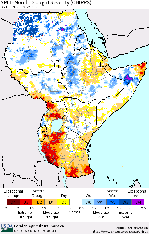 Eastern Africa SPI 1-Month Drought Severity (CHIRPS) Thematic Map For 10/6/2022 - 11/5/2022