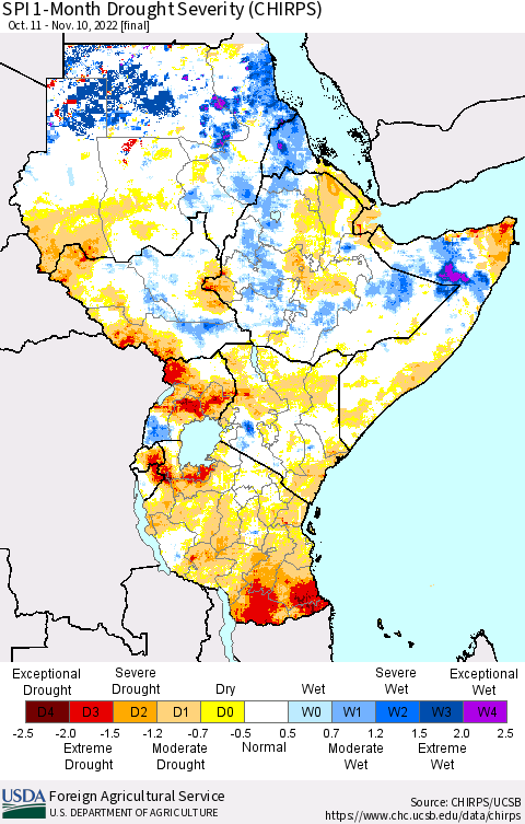 Eastern Africa SPI 1-Month Drought Severity (CHIRPS) Thematic Map For 10/11/2022 - 11/10/2022