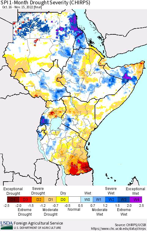 Eastern Africa SPI 1-Month Drought Severity (CHIRPS) Thematic Map For 10/16/2022 - 11/15/2022