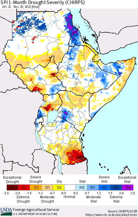 Eastern Africa SPI 1-Month Drought Severity (CHIRPS) Thematic Map For 10/21/2022 - 11/20/2022