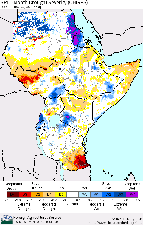 Eastern Africa SPI 1-Month Drought Severity (CHIRPS) Thematic Map For 10/26/2022 - 11/25/2022