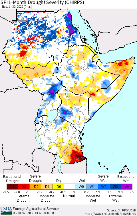 Eastern Africa SPI 1-Month Drought Severity (CHIRPS) Thematic Map For 11/1/2022 - 11/30/2022