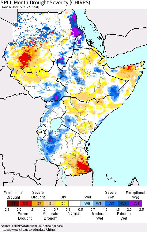 Eastern Africa SPI 1-Month Drought Severity (CHIRPS) Thematic Map For 11/6/2022 - 12/5/2022