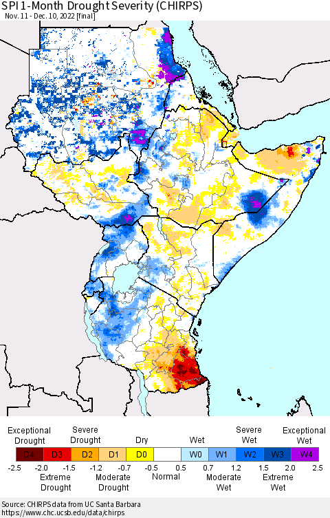 Eastern Africa SPI 1-Month Drought Severity (CHIRPS) Thematic Map For 11/11/2022 - 12/10/2022