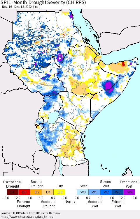 Eastern Africa SPI 1-Month Drought Severity (CHIRPS) Thematic Map For 11/16/2022 - 12/15/2022