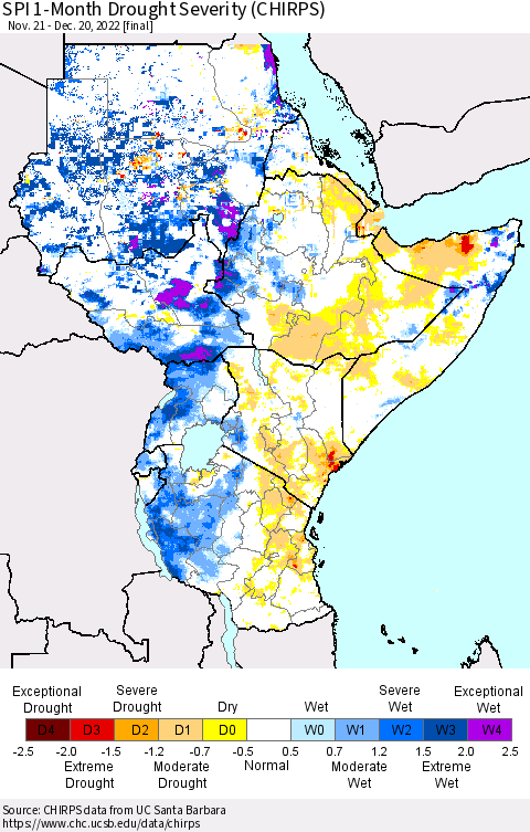 Eastern Africa SPI 1-Month Drought Severity (CHIRPS) Thematic Map For 11/21/2022 - 12/20/2022