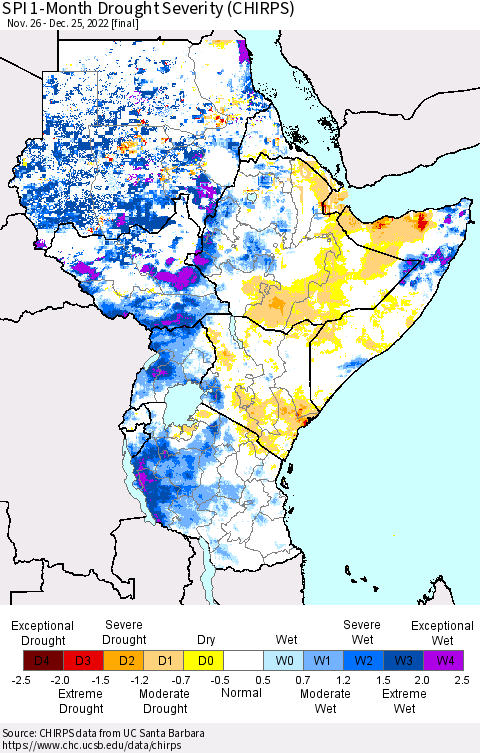 Eastern Africa SPI 1-Month Drought Severity (CHIRPS) Thematic Map For 11/26/2022 - 12/25/2022
