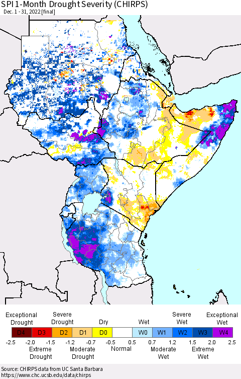 Eastern Africa SPI 1-Month Drought Severity (CHIRPS) Thematic Map For 12/1/2022 - 12/31/2022