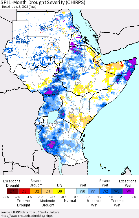Eastern Africa SPI 1-Month Drought Severity (CHIRPS) Thematic Map For 12/6/2022 - 1/5/2023