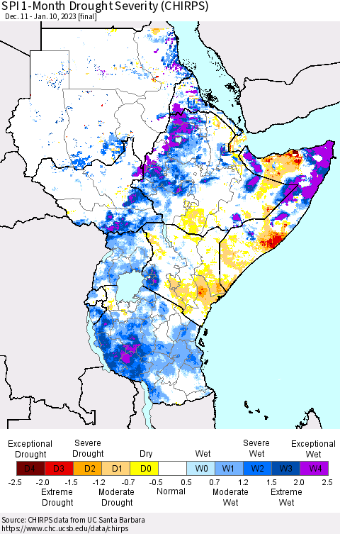 Eastern Africa SPI 1-Month Drought Severity (CHIRPS) Thematic Map For 12/11/2022 - 1/10/2023