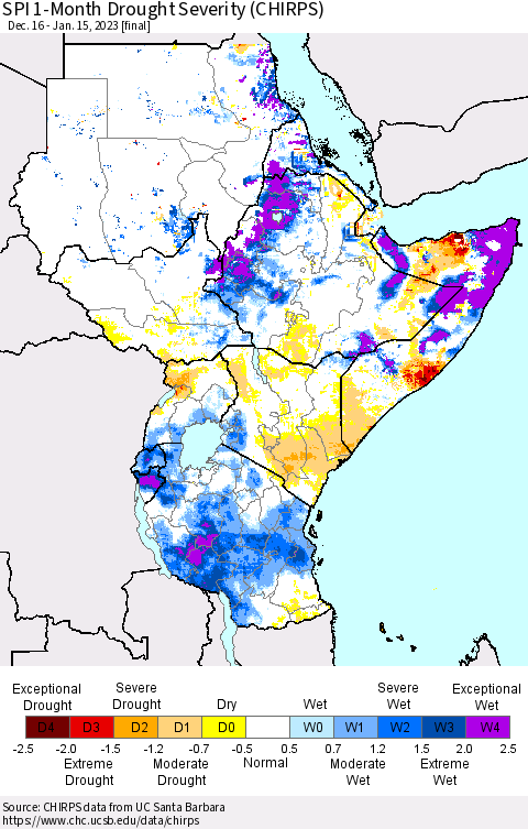 Eastern Africa SPI 1-Month Drought Severity (CHIRPS) Thematic Map For 12/16/2022 - 1/15/2023