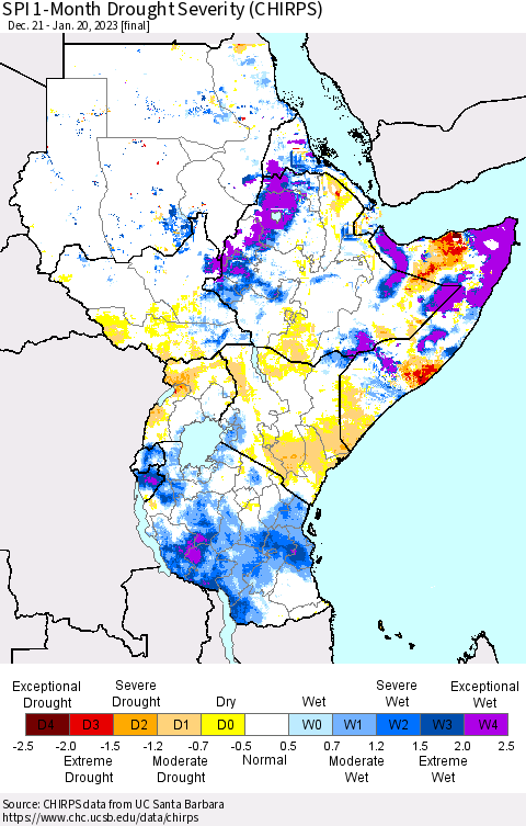 Eastern Africa SPI 1-Month Drought Severity (CHIRPS) Thematic Map For 12/21/2022 - 1/20/2023