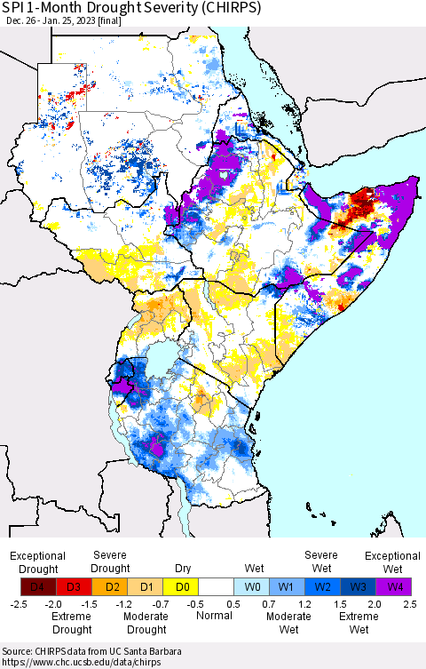 Eastern Africa SPI 1-Month Drought Severity (CHIRPS) Thematic Map For 12/26/2022 - 1/25/2023