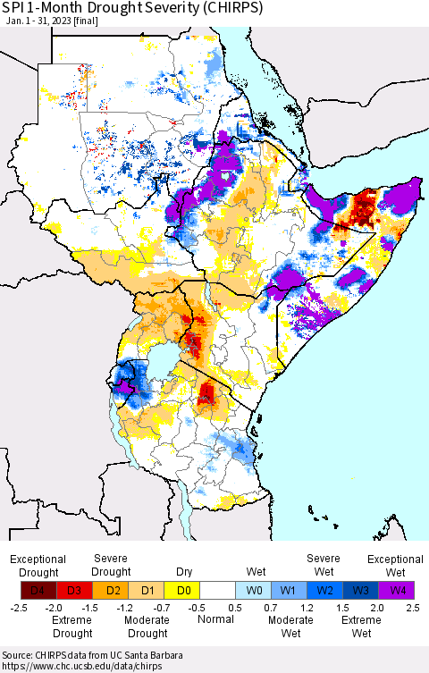 Eastern Africa SPI 1-Month Drought Severity (CHIRPS) Thematic Map For 1/1/2023 - 1/31/2023