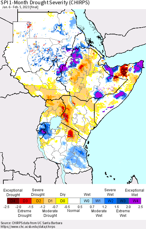 Eastern Africa SPI 1-Month Drought Severity (CHIRPS) Thematic Map For 1/6/2023 - 2/5/2023