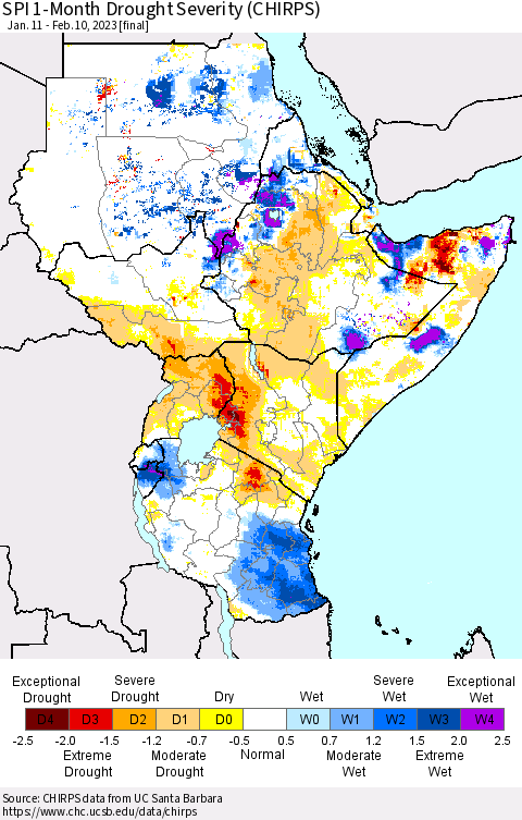 Eastern Africa SPI 1-Month Drought Severity (CHIRPS) Thematic Map For 1/11/2023 - 2/10/2023