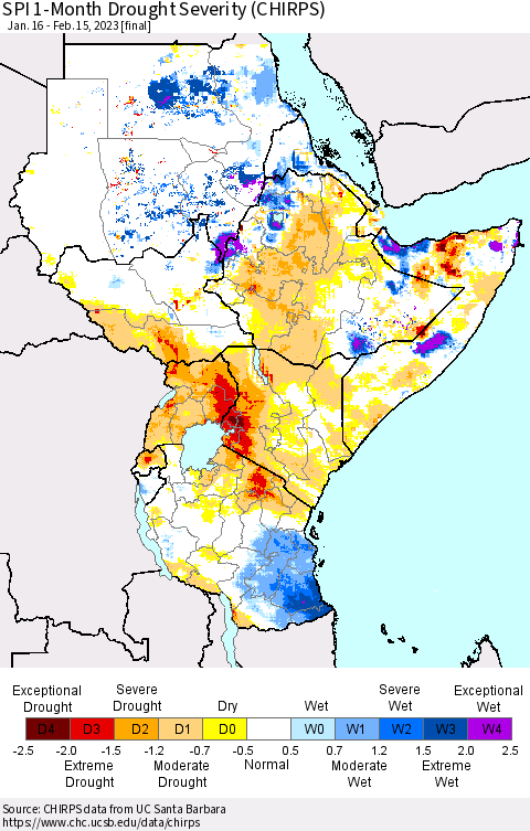 Eastern Africa SPI 1-Month Drought Severity (CHIRPS) Thematic Map For 1/16/2023 - 2/15/2023