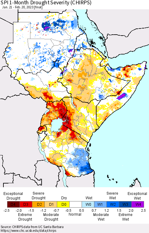 Eastern Africa SPI 1-Month Drought Severity (CHIRPS) Thematic Map For 1/21/2023 - 2/20/2023