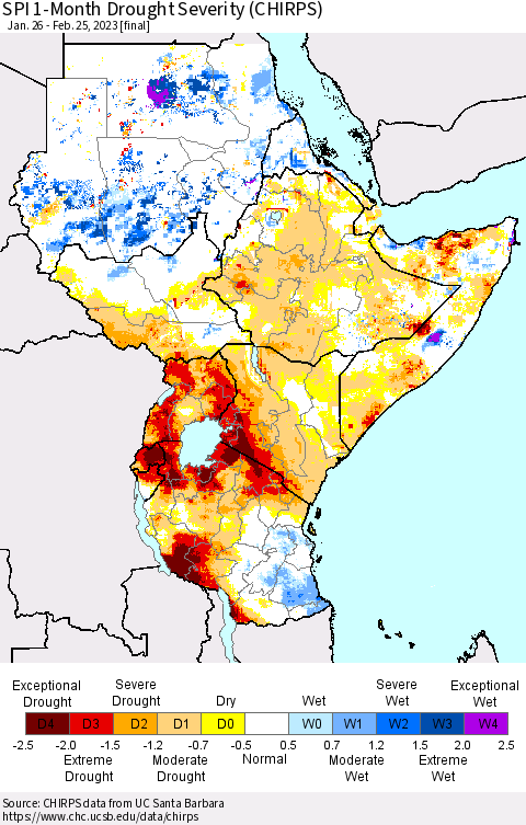 Eastern Africa SPI 1-Month Drought Severity (CHIRPS) Thematic Map For 1/26/2023 - 2/25/2023