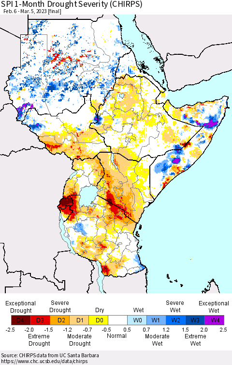 Eastern Africa SPI 1-Month Drought Severity (CHIRPS) Thematic Map For 2/6/2023 - 3/5/2023