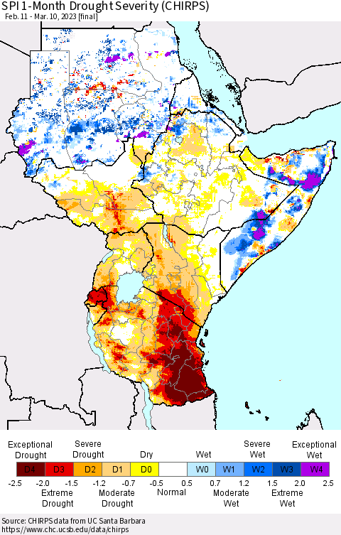 Eastern Africa SPI 1-Month Drought Severity (CHIRPS) Thematic Map For 2/11/2023 - 3/10/2023