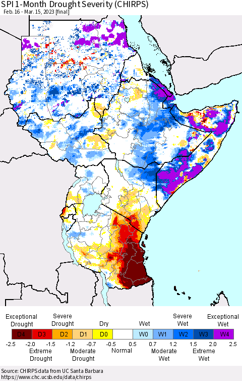 Eastern Africa SPI 1-Month Drought Severity (CHIRPS) Thematic Map For 2/16/2023 - 3/15/2023