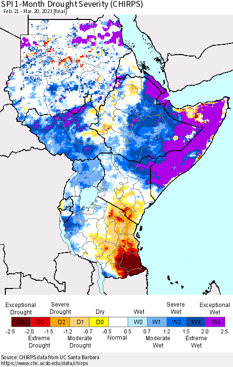 Eastern Africa SPI 1-Month Drought Severity (CHIRPS) Thematic Map For 2/21/2023 - 3/20/2023