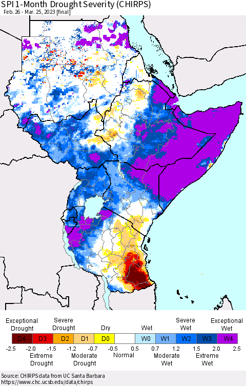 Eastern Africa SPI 1-Month Drought Severity (CHIRPS) Thematic Map For 2/26/2023 - 3/25/2023