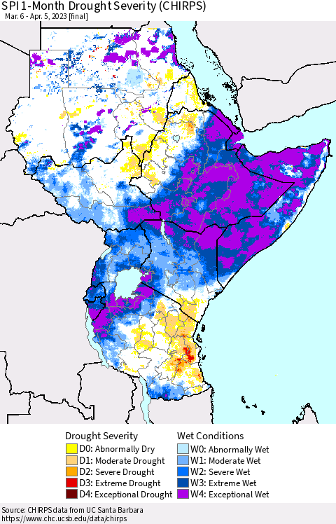 Eastern Africa SPI 1-Month Drought Severity (CHIRPS) Thematic Map For 3/6/2023 - 4/5/2023
