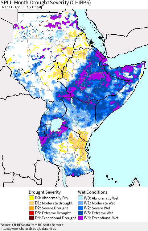 Eastern Africa SPI 1-Month Drought Severity (CHIRPS) Thematic Map For 3/11/2023 - 4/10/2023