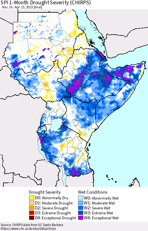 Eastern Africa SPI 1-Month Drought Severity (CHIRPS) Thematic Map For 3/16/2023 - 4/15/2023