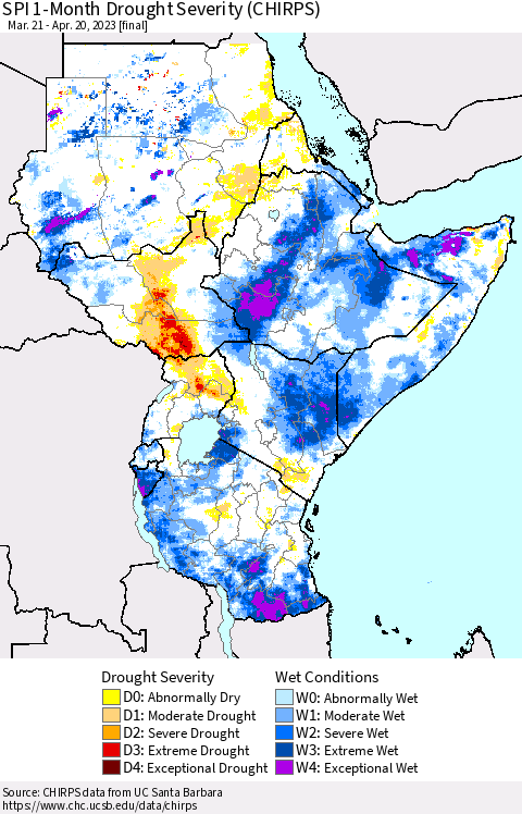 Eastern Africa SPI 1-Month Drought Severity (CHIRPS) Thematic Map For 3/21/2023 - 4/20/2023