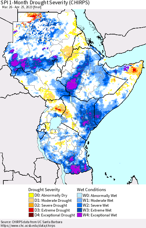 Eastern Africa SPI 1-Month Drought Severity (CHIRPS) Thematic Map For 3/26/2023 - 4/25/2023