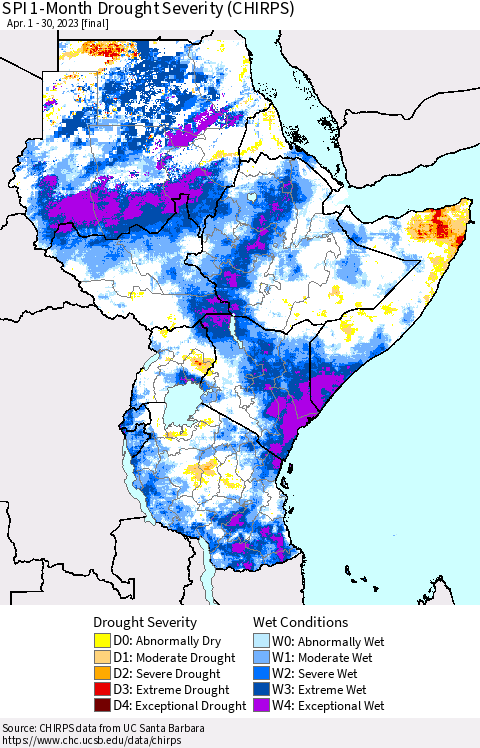 Eastern Africa SPI 1-Month Drought Severity (CHIRPS) Thematic Map For 4/1/2023 - 4/30/2023