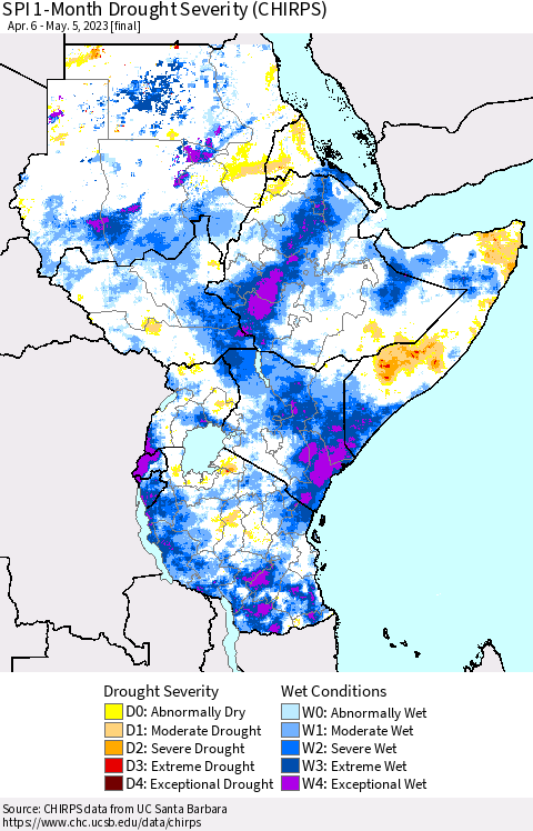Eastern Africa SPI 1-Month Drought Severity (CHIRPS) Thematic Map For 4/6/2023 - 5/5/2023