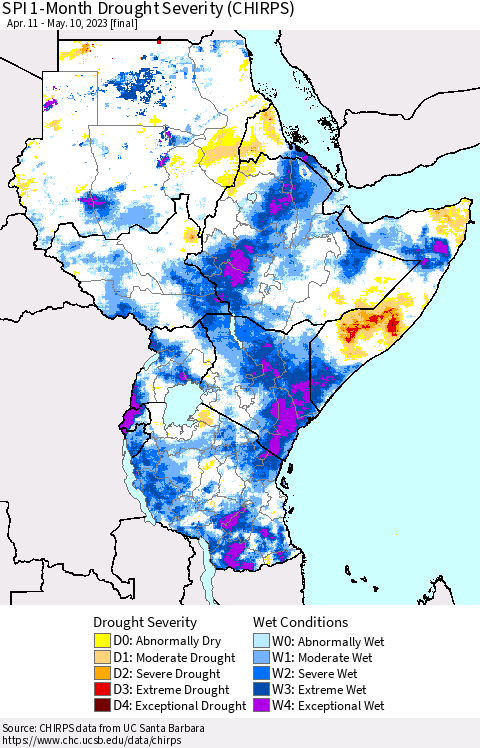Eastern Africa SPI 1-Month Drought Severity (CHIRPS) Thematic Map For 4/11/2023 - 5/10/2023