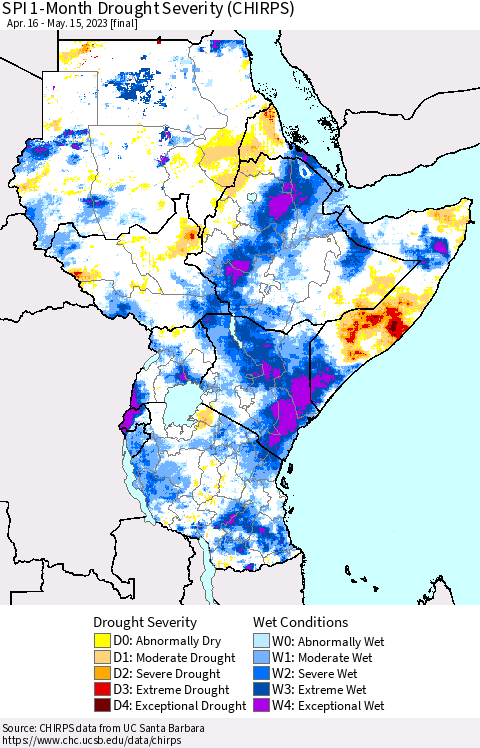 Eastern Africa SPI 1-Month Drought Severity (CHIRPS) Thematic Map For 4/16/2023 - 5/15/2023