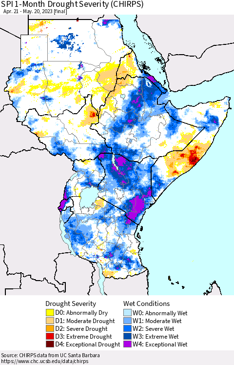 Eastern Africa SPI 1-Month Drought Severity (CHIRPS) Thematic Map For 4/21/2023 - 5/20/2023