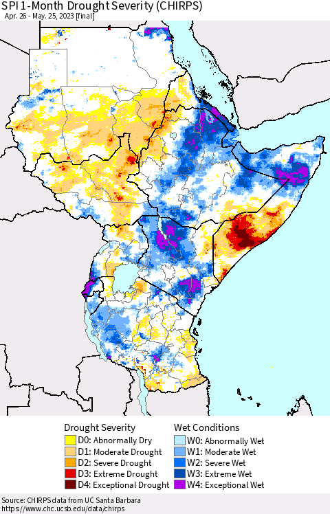 Eastern Africa SPI 1-Month Drought Severity (CHIRPS) Thematic Map For 4/26/2023 - 5/25/2023