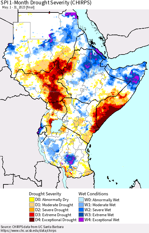 Eastern Africa SPI 1-Month Drought Severity (CHIRPS) Thematic Map For 5/1/2023 - 5/31/2023