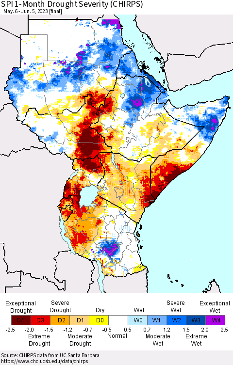 Eastern Africa SPI 1-Month Drought Severity (CHIRPS) Thematic Map For 5/6/2023 - 6/5/2023