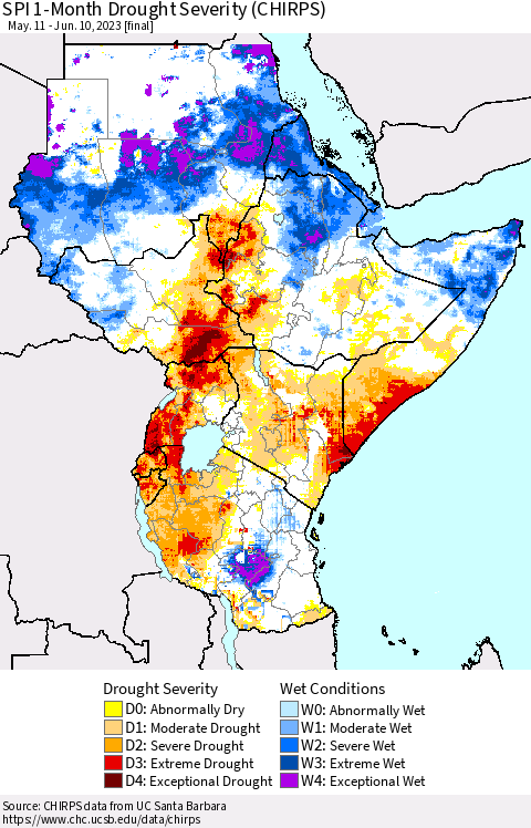 Eastern Africa SPI 1-Month Drought Severity (CHIRPS) Thematic Map For 5/11/2023 - 6/10/2023