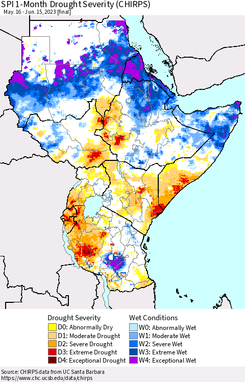 Eastern Africa SPI 1-Month Drought Severity (CHIRPS) Thematic Map For 5/16/2023 - 6/15/2023