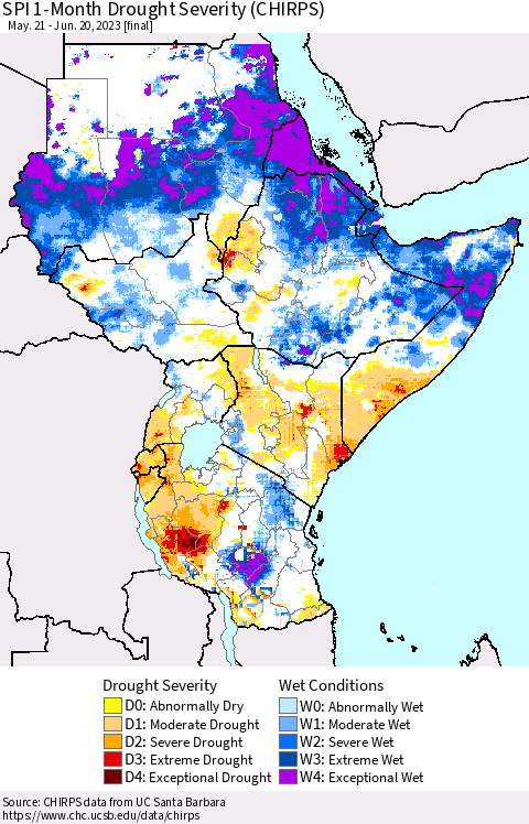 Eastern Africa SPI 1-Month Drought Severity (CHIRPS) Thematic Map For 5/21/2023 - 6/20/2023