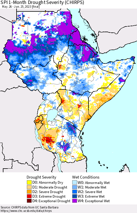 Eastern Africa SPI 1-Month Drought Severity (CHIRPS) Thematic Map For 5/26/2023 - 6/25/2023